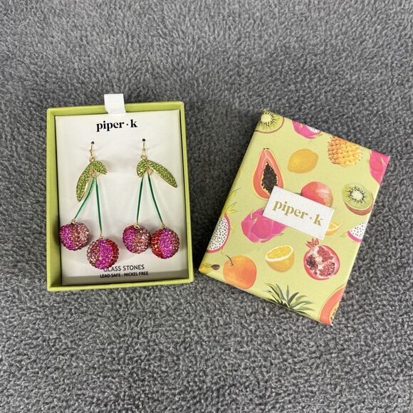 Piper K CHERRY Glass Stones Enamel Gold Tone Nickel Free Drop Earrings 3" NIB - Picture 1 of 12